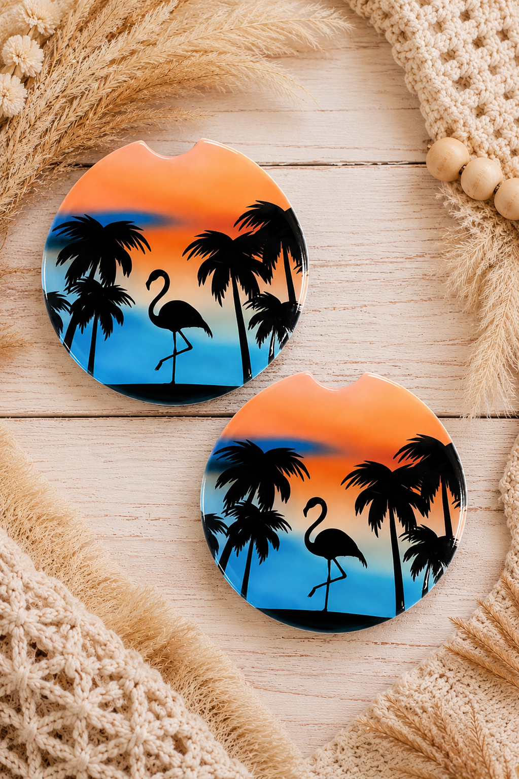 Tropical Flamingo Sunset Car Coaster