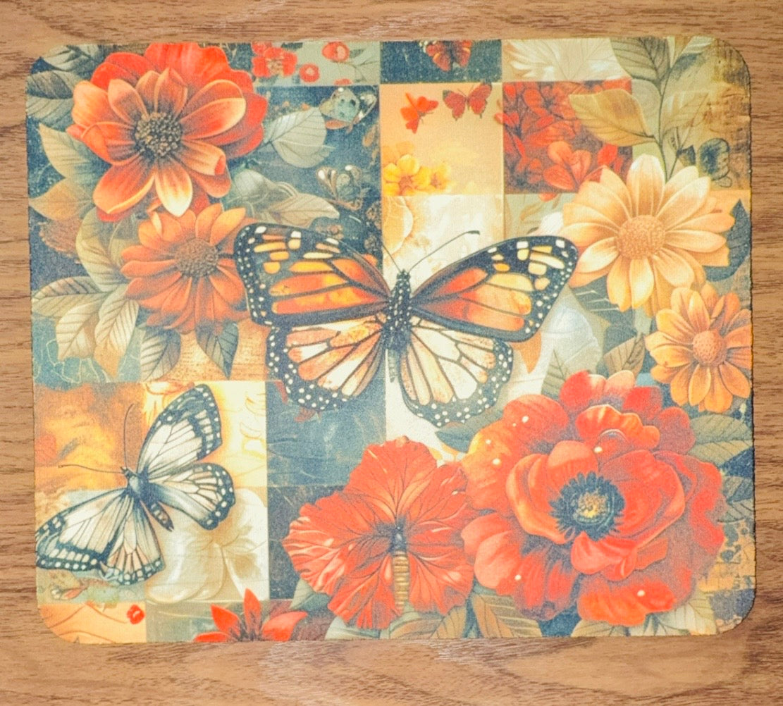 Butterfly Mouse Pad with colorful butterfly design and non-slip backing by Chela Created LLC, perfect for office and home desk decor.