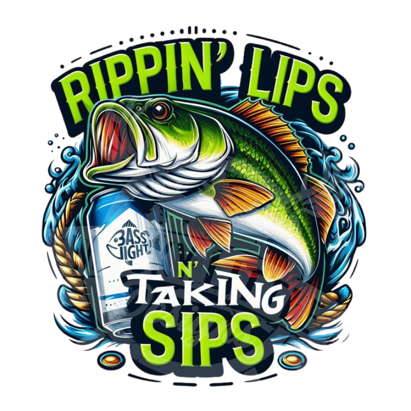 Rippin' Lips N' Taking Sips funny bass fishing sticker featuring colorful largemouth bass