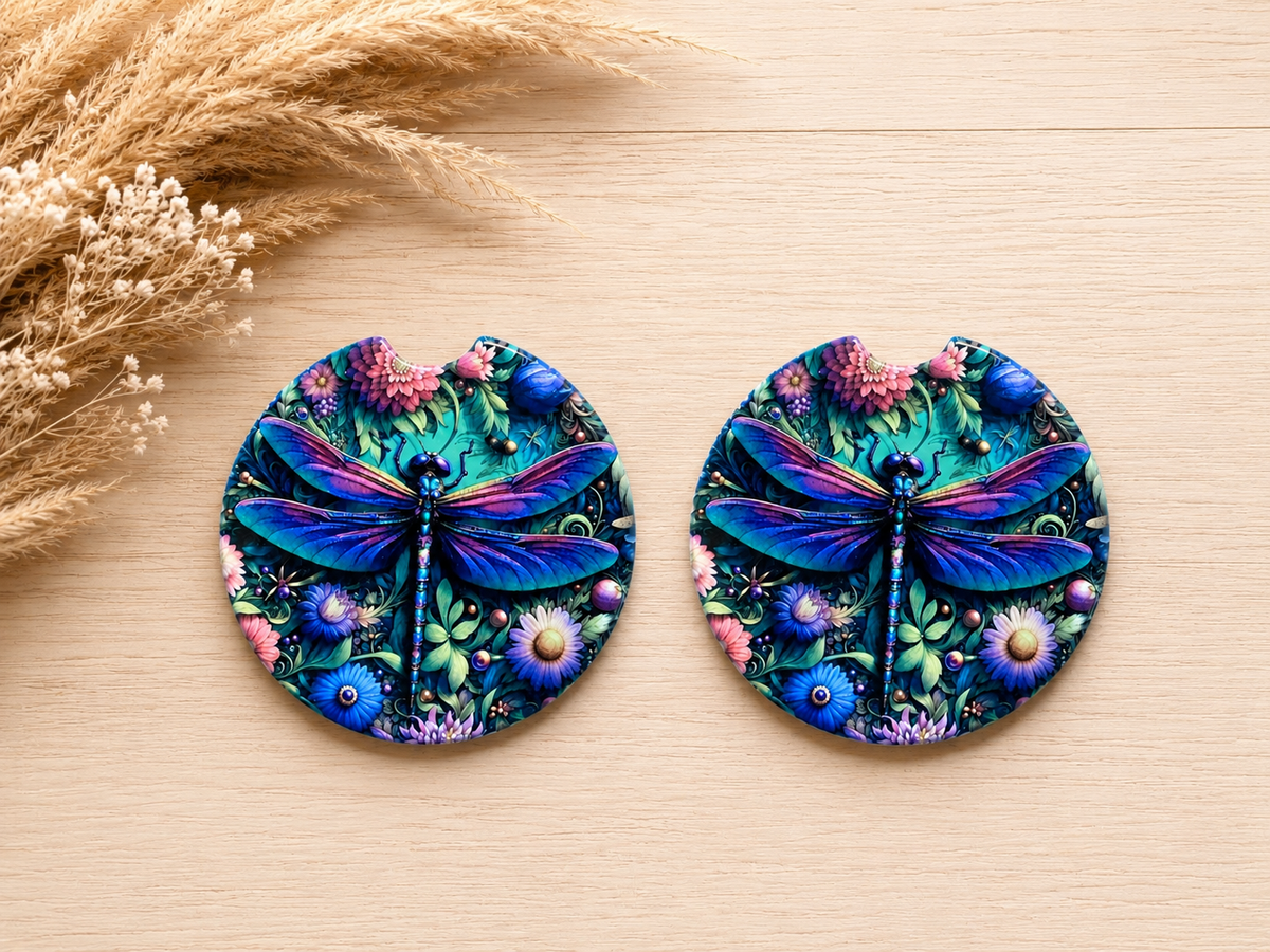 Dragonfly Floral Car Coaster | Colorful Ceramic Cup Holder Coaster