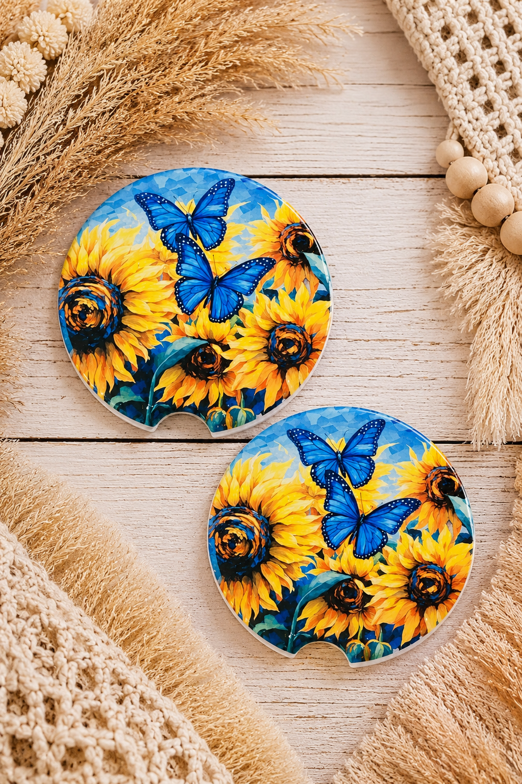 Sunflower & Blue Butterfly Car Coaster