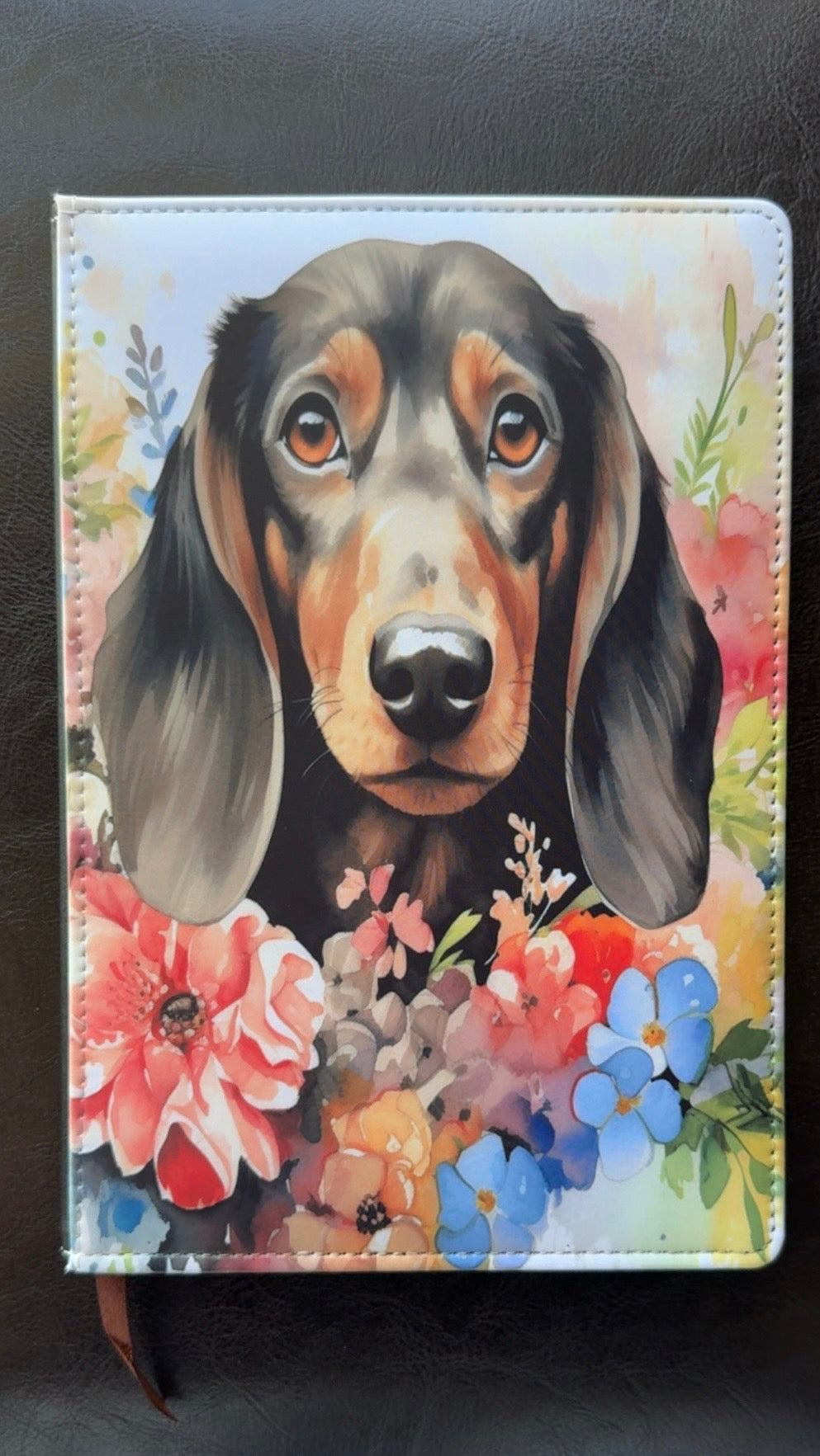 Cute dachshund, reusable notebook with refillable pages perfect gift for dog lovers and wiener dog owners.