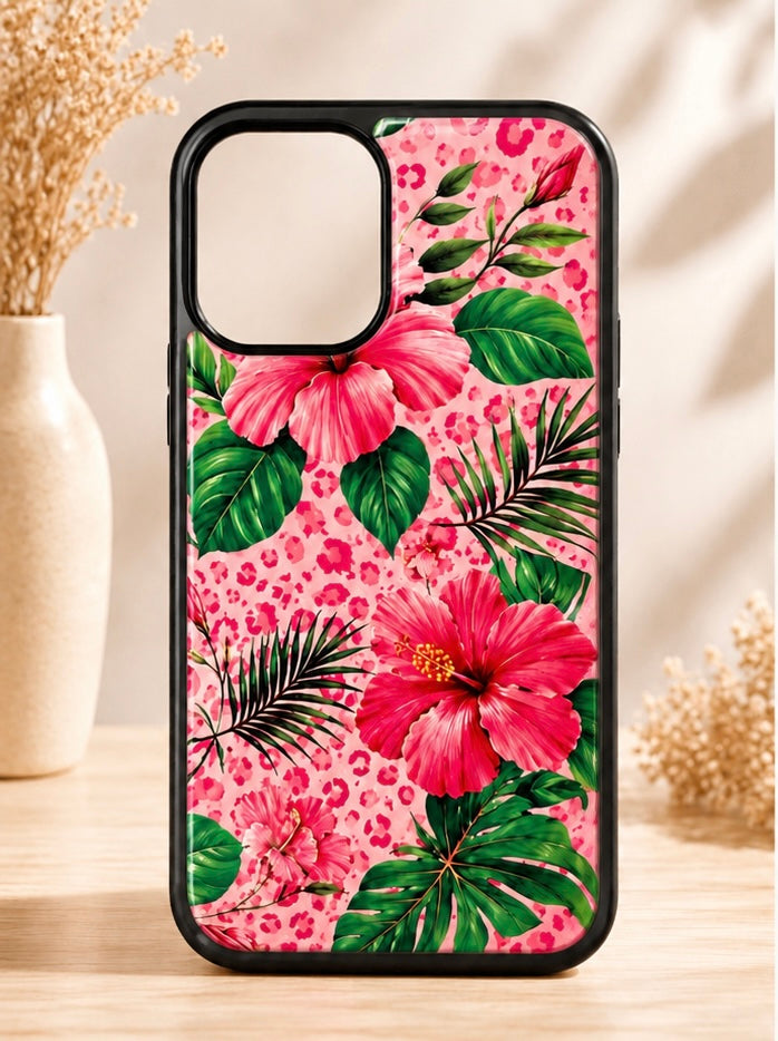 Tropical Hibiscus Pink Leopard Phone Case|Floral￼Palm Leaves Protective Case for iPhone & Android