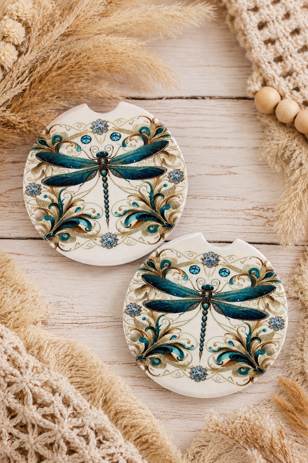 Teal Dragonfly Car Coaster Set