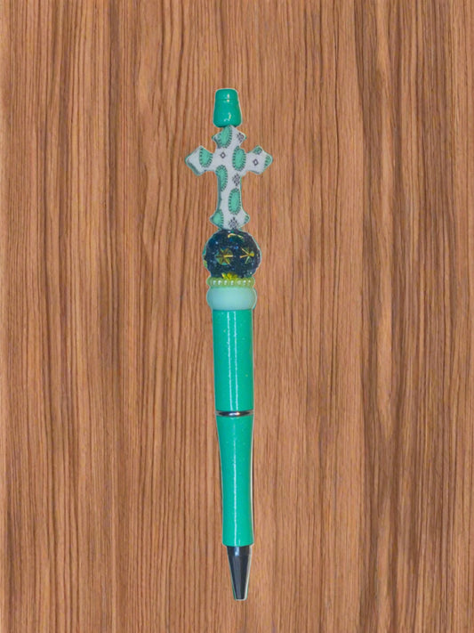 Minty Cross Beaded Pen