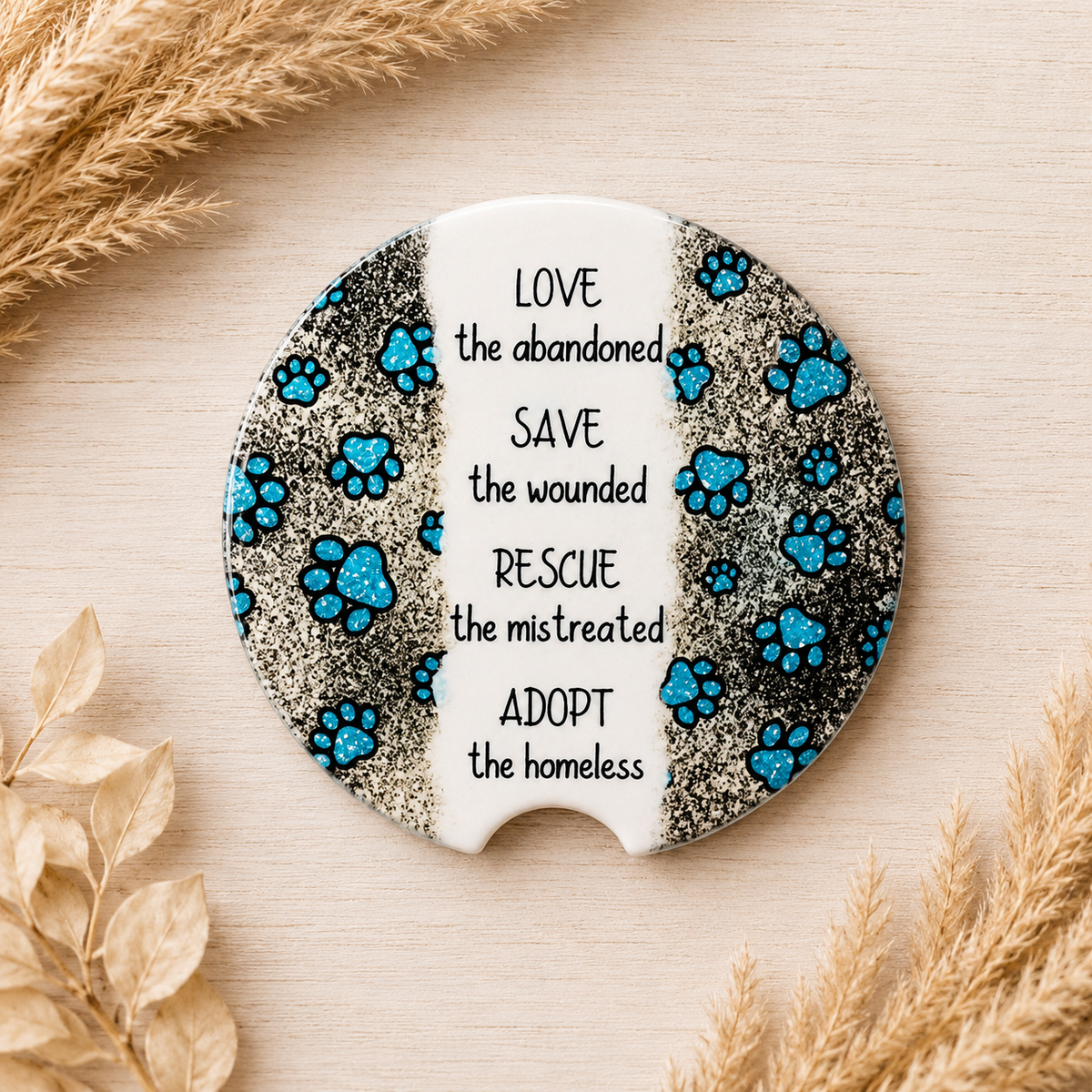 Animal rescue ceramic car coaster with blue paw prints and Love Save Rescue Adopt message