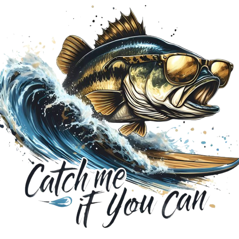 Catch Me If You Can bass fishing sticker featuring bass wearing sunglasses jumping through water