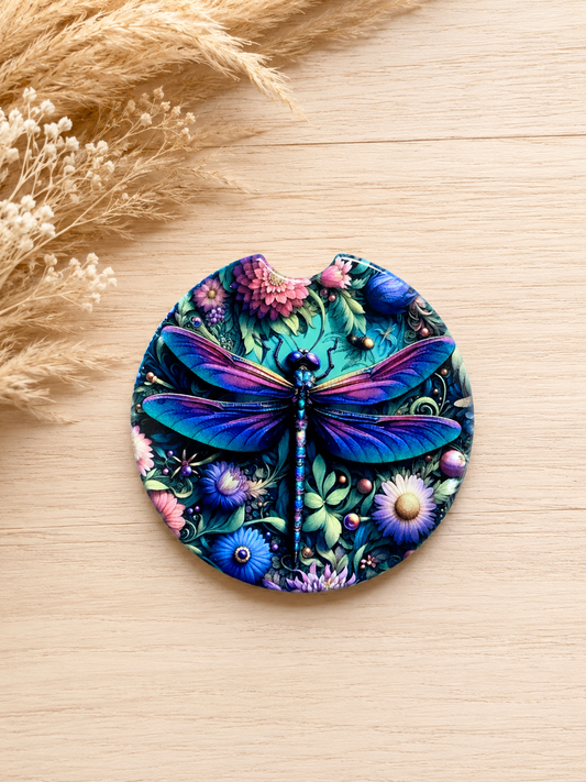 Colorful dragonfly floral car coaster with blue purple and pink flowers by Chela Created