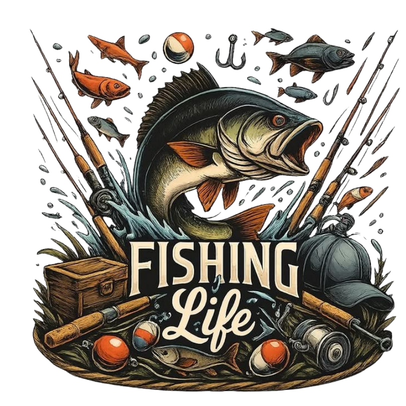 Fishing Life sticker featuring bass fish, fishing rods, hooks, bobbers and fishing gear