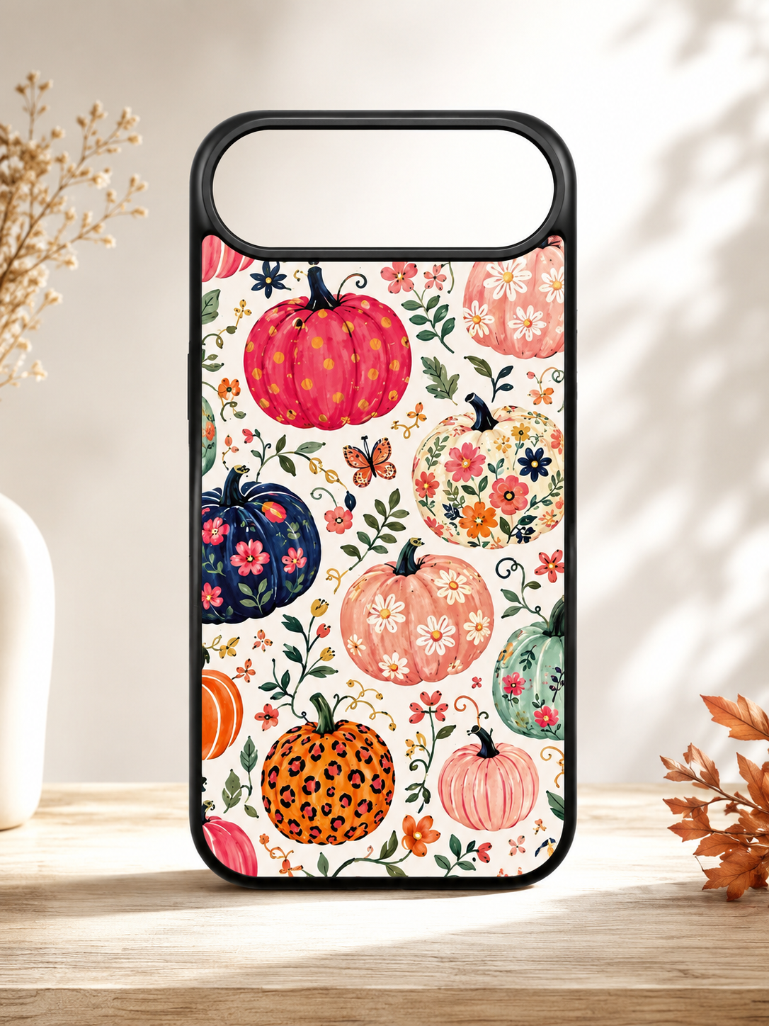 Floral pumpkin phone case featuring an elegant autumn pumpkin and floral design for iPhone and Samsung smartphones. 