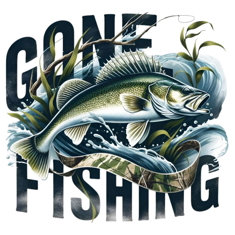 Gone Fishing sticker featuring bass fish jumping from water with camouflage fishing design