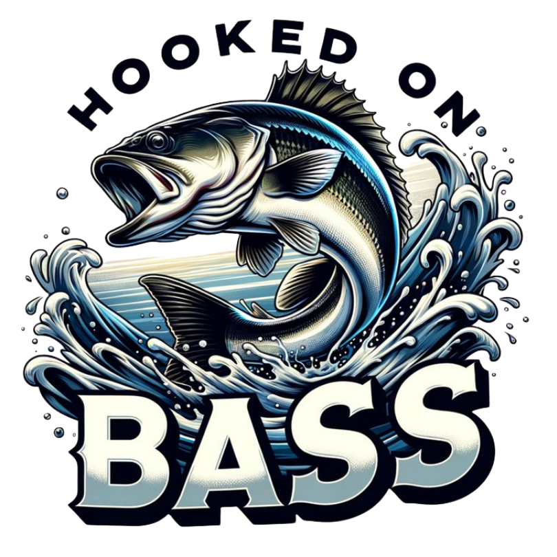 Hooked on Bass fishing sticker featuring a largemouth bass jumping through blue water