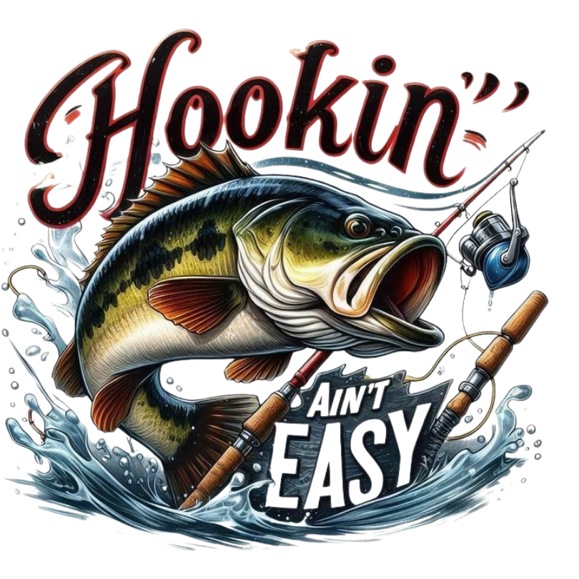 Hookin' Ain't Easy bass fishing sticker featuring largemouth bass, fishing rod and reel