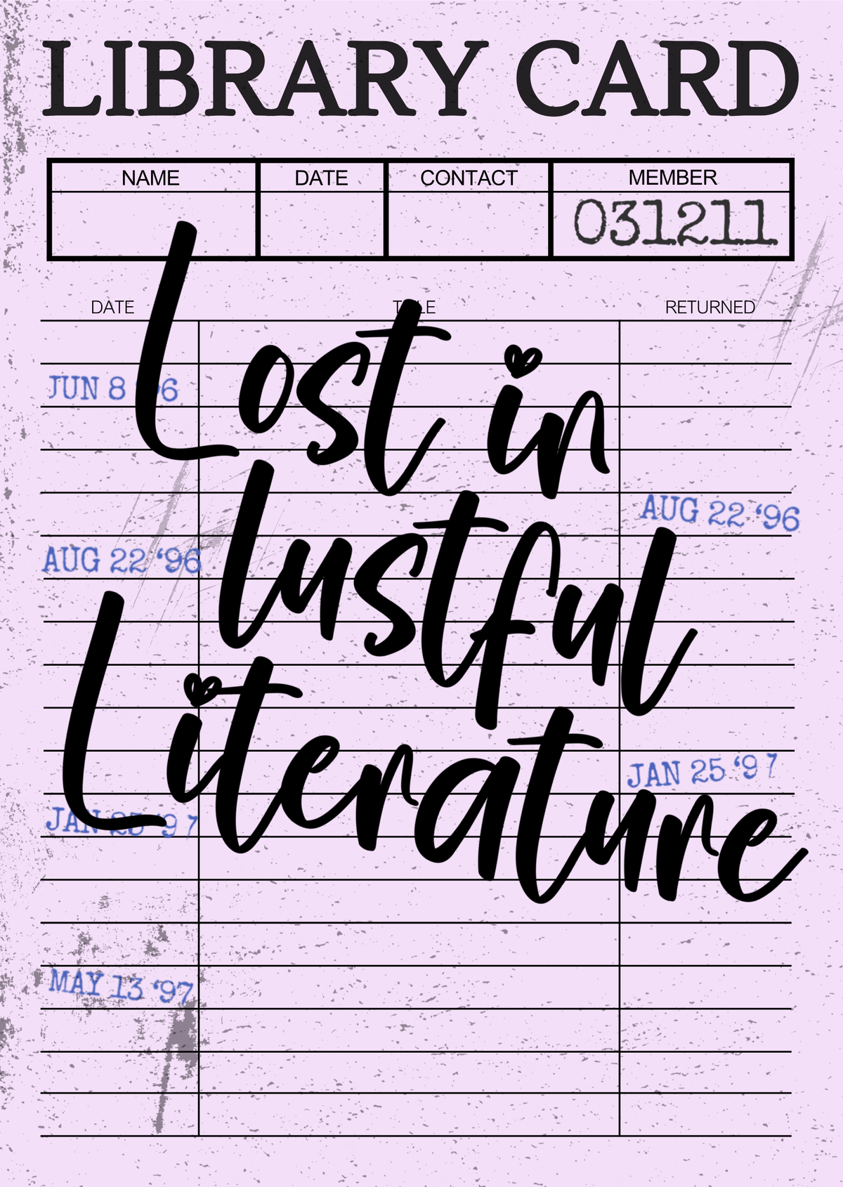 Lost in Lustful Literature mini library card sticker for book lovers and romance readers