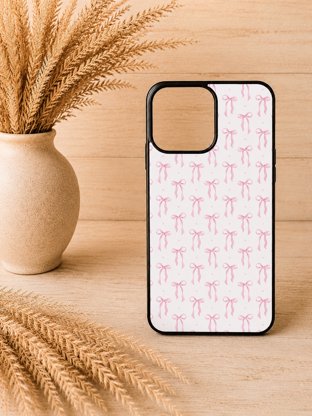 Pink bow coquette phone case with black trim displayed on a neutral boho wood background with pampas grass
