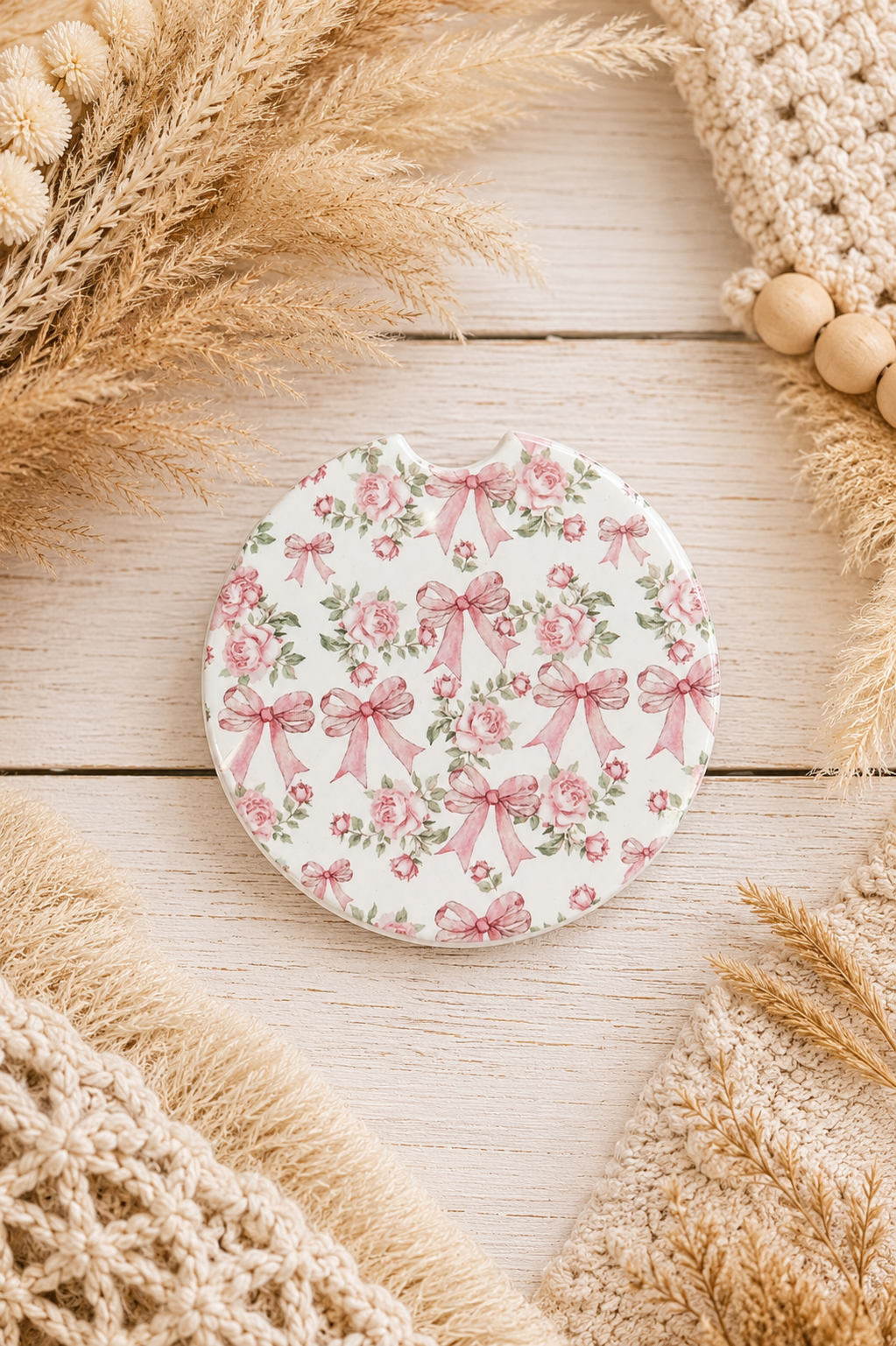 Pink Bow Coquette Car Coaster