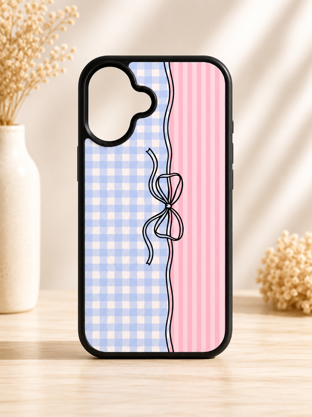 Sweet Gingham Bow phone case featuring blue gingham, pink stripes, and a delicate bow design by Chela Created.
