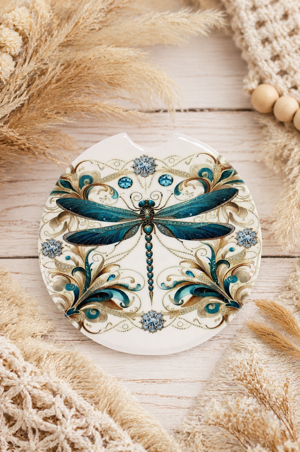 Teal dragonfly car coaster with elegant blue, cream, and gold BoHo floral by Chela Created