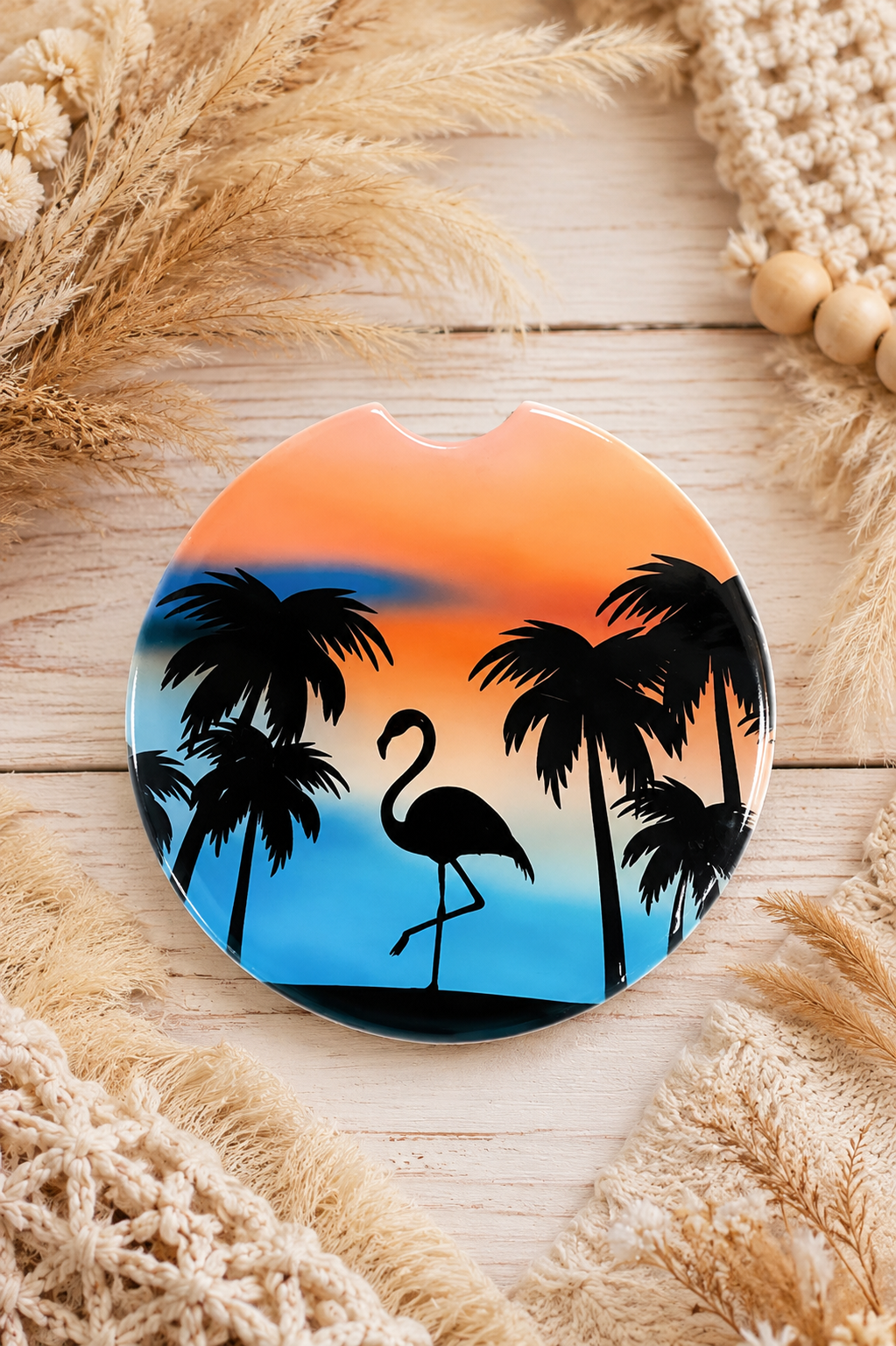 Tropical flamingo car coaster with palm tree silhouettes and orange blue sunset by Chela Created