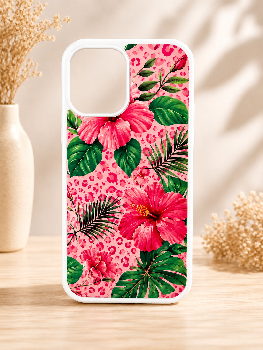 Tropical Hibiscus Pink Leopard Phone Case|Floral￼Palm Leaves Protective Case for iPhone & Android